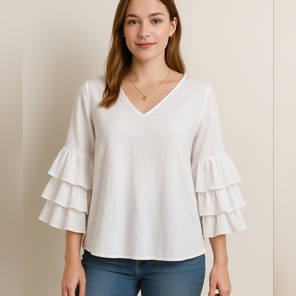 🤍 Neiman Marcus White Ruffle Sleeve Blouse Size M